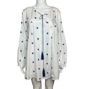 Kaktus Womens XL Tunic Top Dress Embroidered Blue Stars Bohemian Coverup NWOT